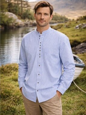 Civilian Blue Striped Grandfather Collar Shirt